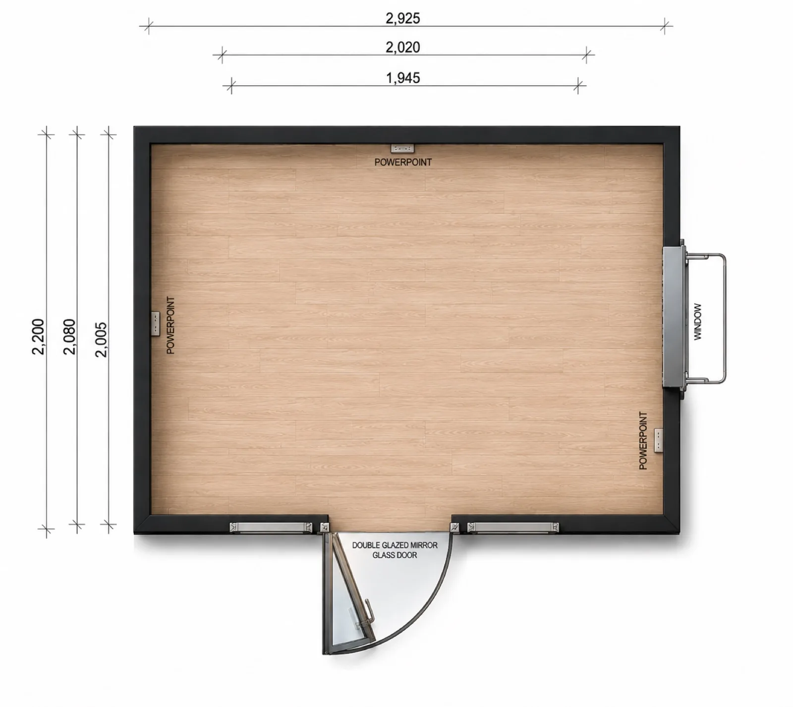 Dimensioned layout, 2,925 by 2,200 mm, one room with a double glazed mirror glass door on the front, a window on the right and power points marked