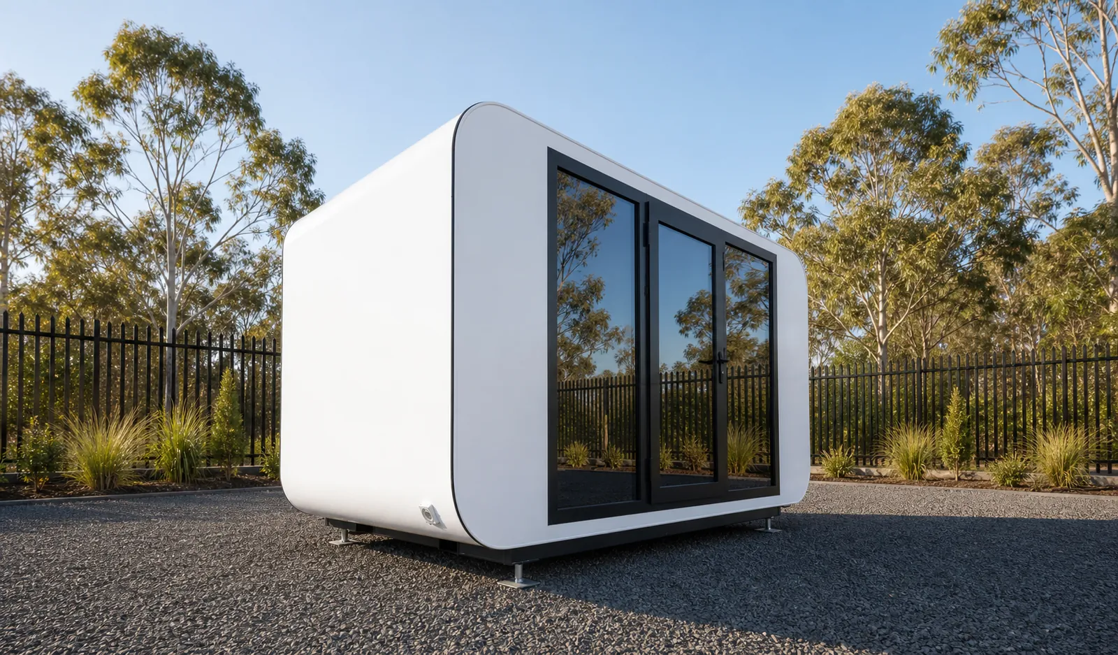 The 4 m studio pod from the corner, curved white shell with the glazed front reflecting the gum trees, low grasses along the fence