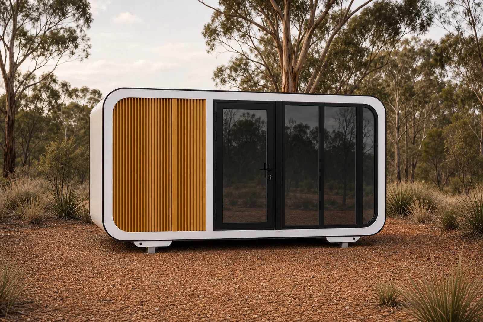 The 4 m pod in a timber batten and glass finish, orange stained battens beside the glazed sliding doors, on red earth in the scrub