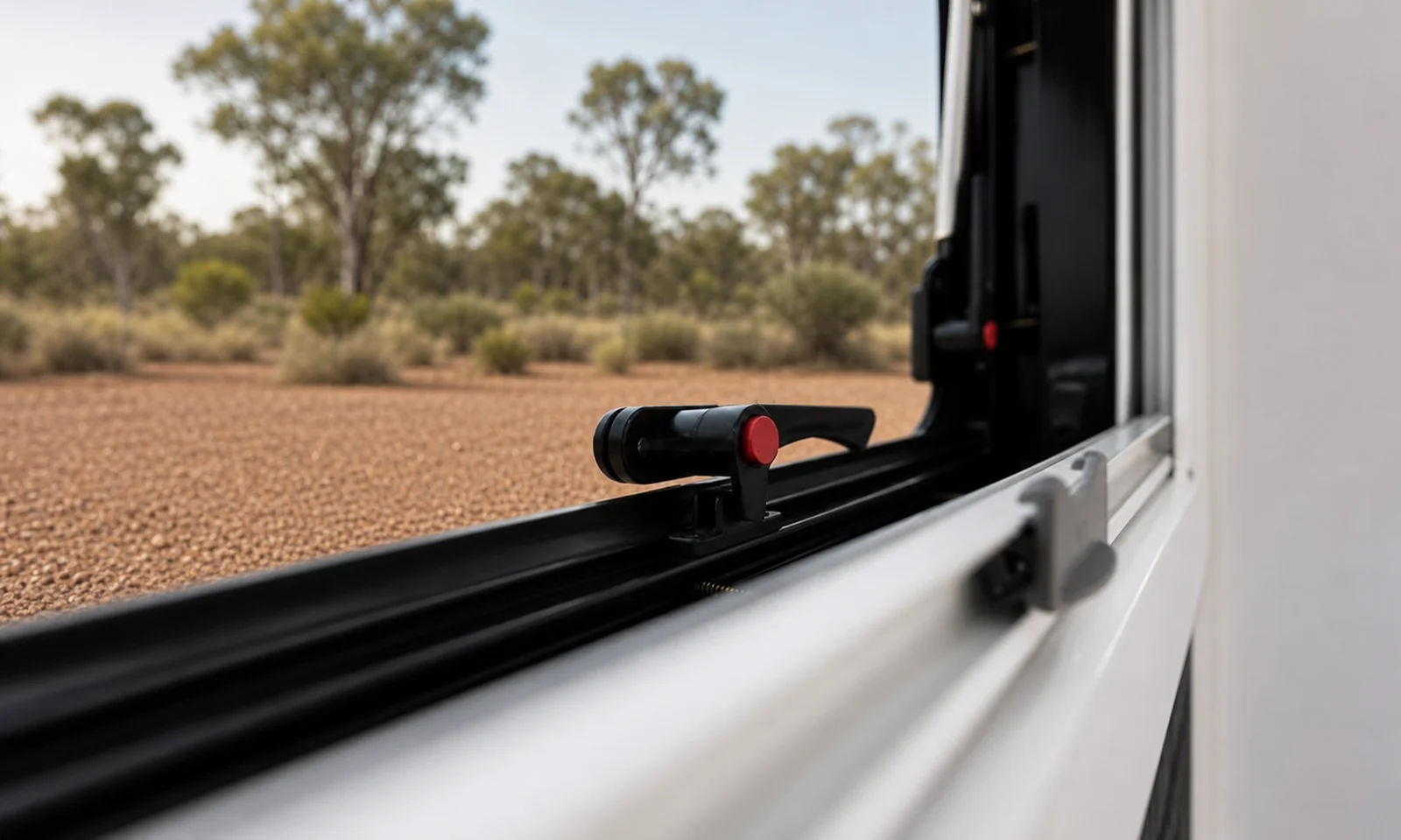 Close view of the sliding door track and the window winder handle on the pod, with red earth and scrub in the background