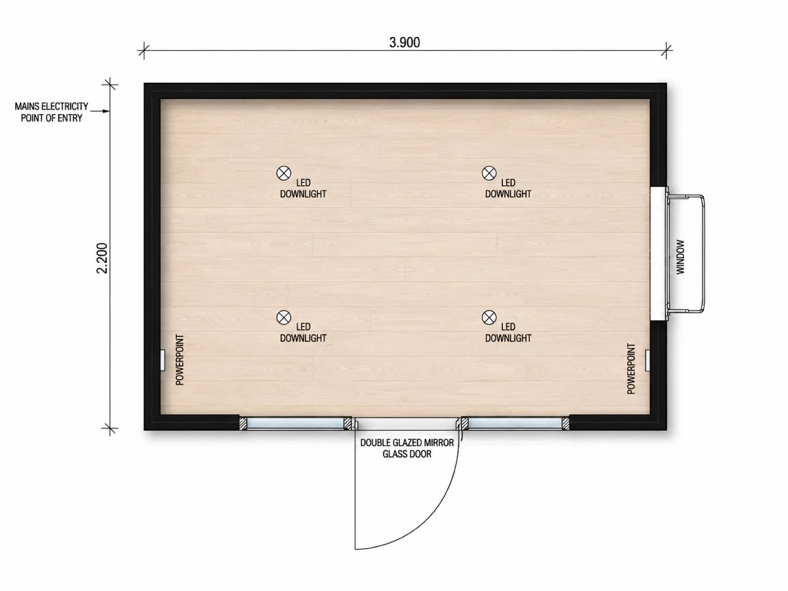 Dimensioned layout, 3,900 by 2,200 mm, one open room with four LED downlights, a double glazed mirror glass door on the front and a window on the right