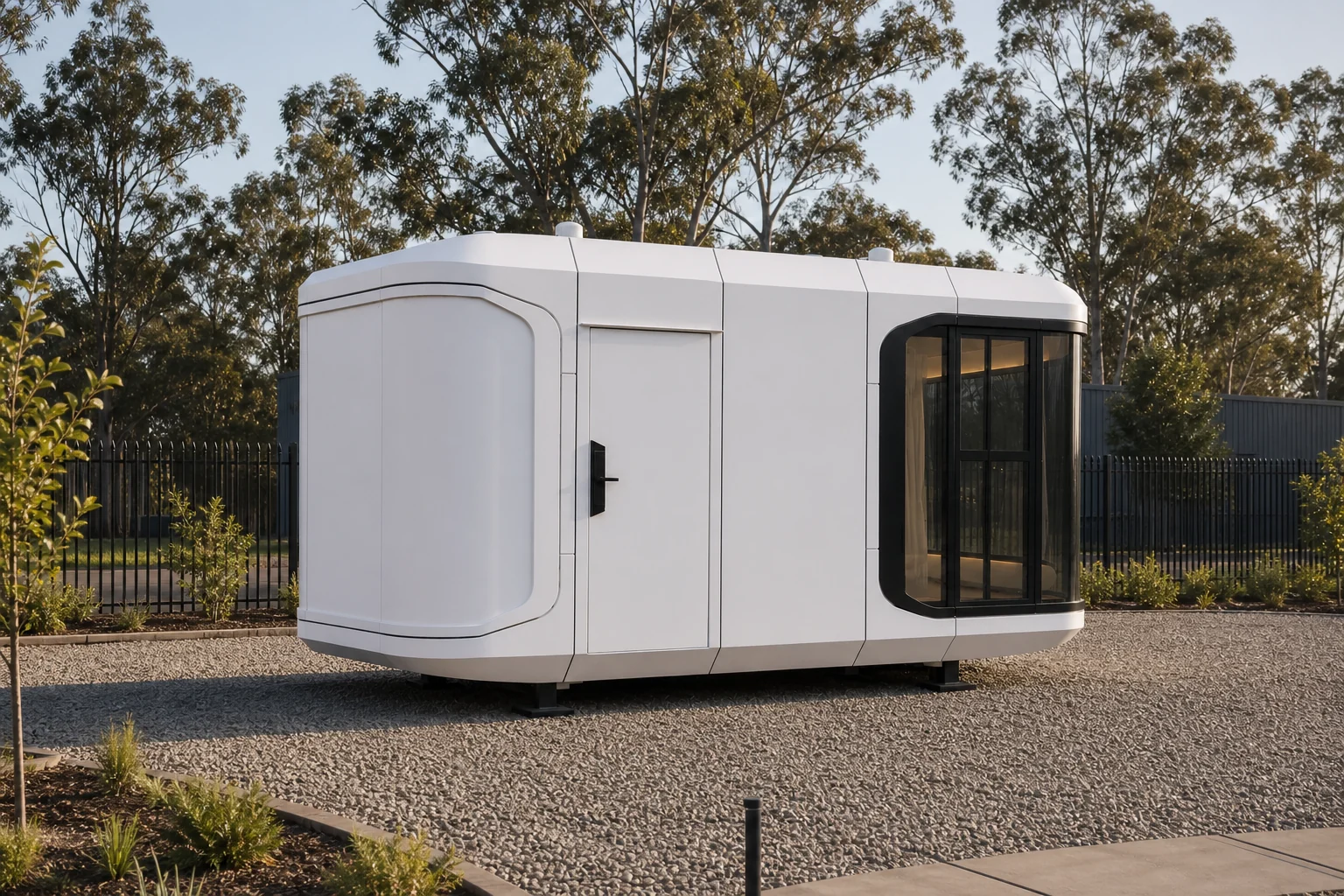 White curved glass capsule home with a single full-height glazed end wall, sited on a gravel pad with eucalypts behind on an Australian block