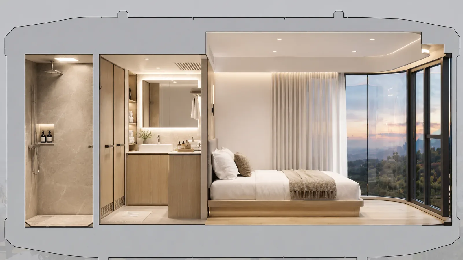 Cutaway of the glass capsule, shower at the far left, vanity and joinery in the middle and a double bed on a platform against the glazed end