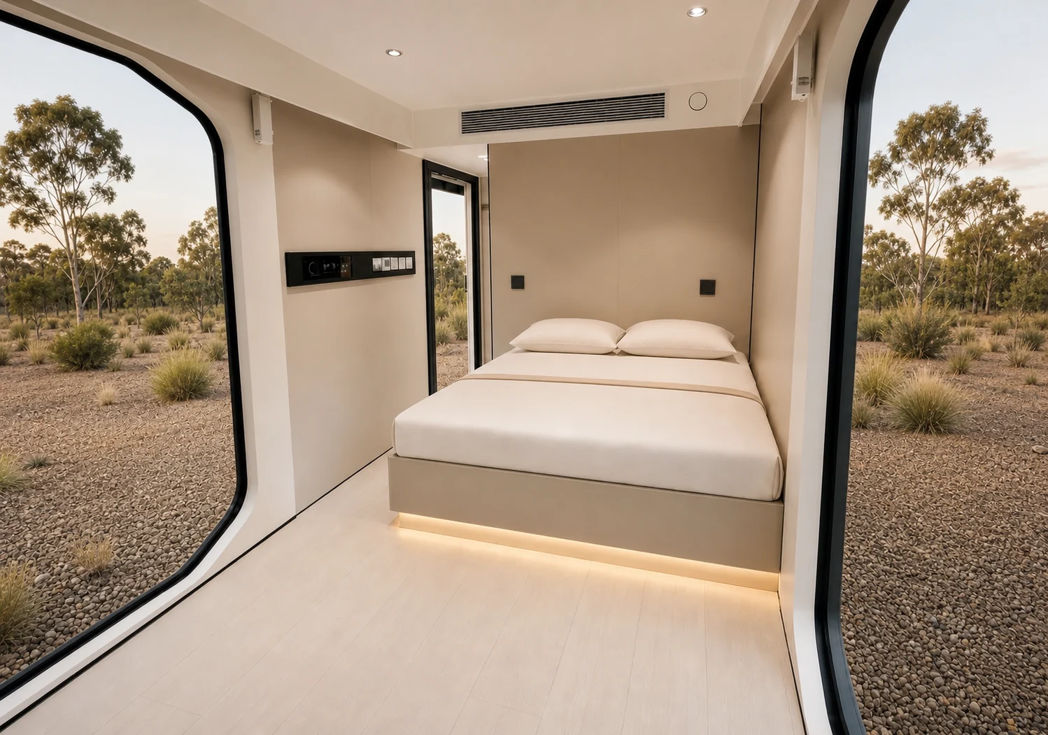 Double bed in the glass capsule with an under bed light strip, a small window in the end wall and the wraparound glazing looking out to scrub