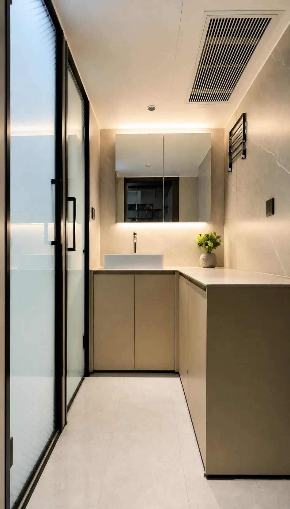 Bathroom in the glass capsule, timber vanity with a vessel basin and backlit mirror, ceiling air outlet and a fluted glass shower screen