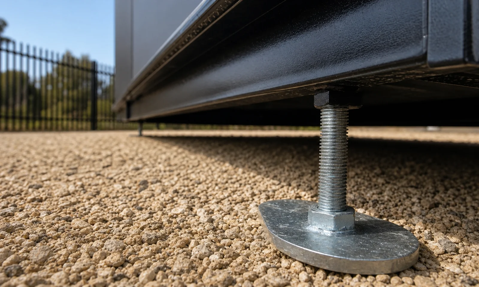 Close view under the cabin, a galvanised screw jack levelling foot on a round base plate sitting on the gravel pad