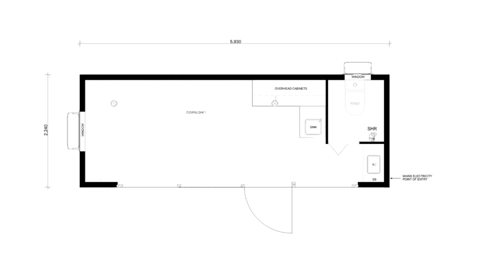 Dimensioned layout, 5,930 by 2,240 mm, open living at the left, kitchen with overhead cabinets and sink in the middle, toilet and shower at the right end