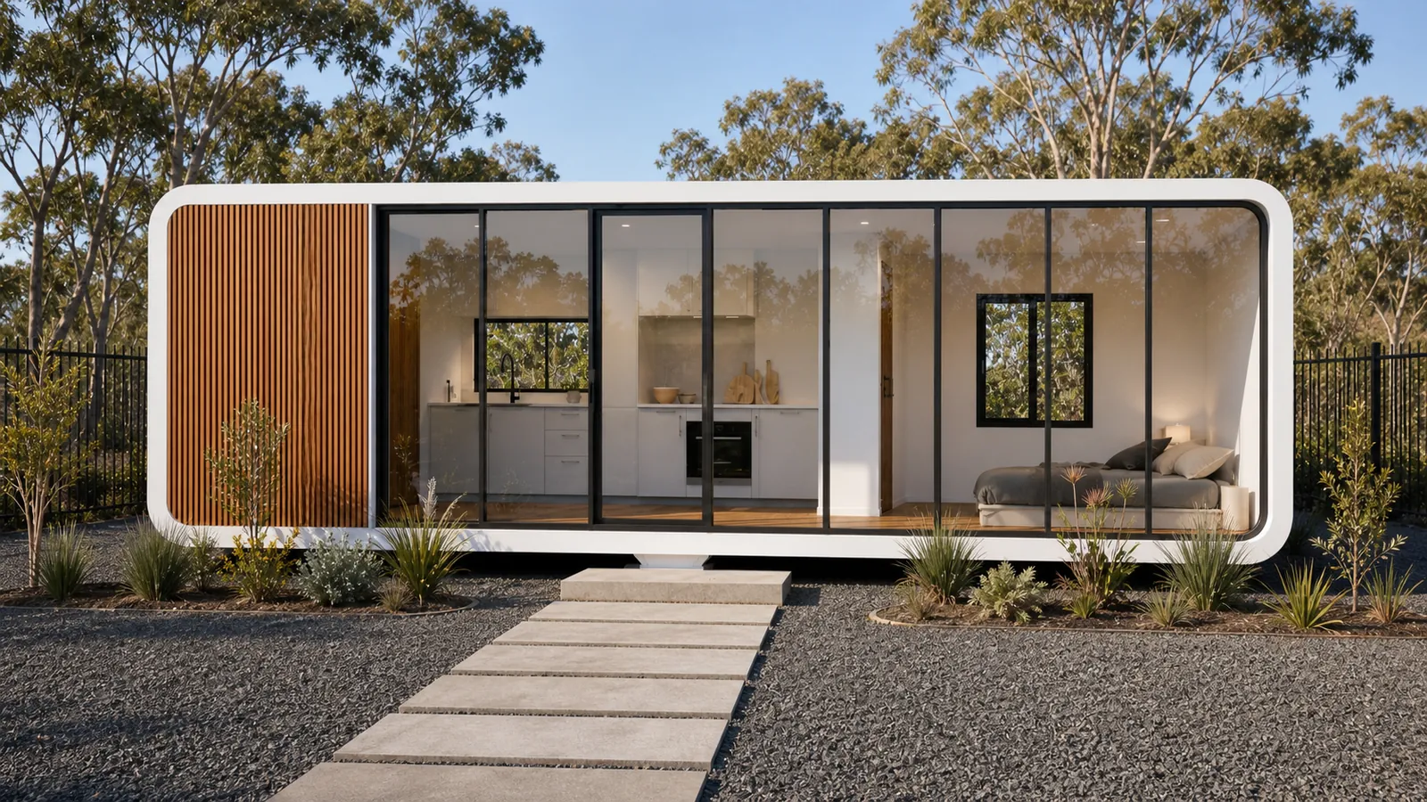 The designer pod square on with a concrete stepping stone path to the door, timber battens beside the glazing, native planting along the base