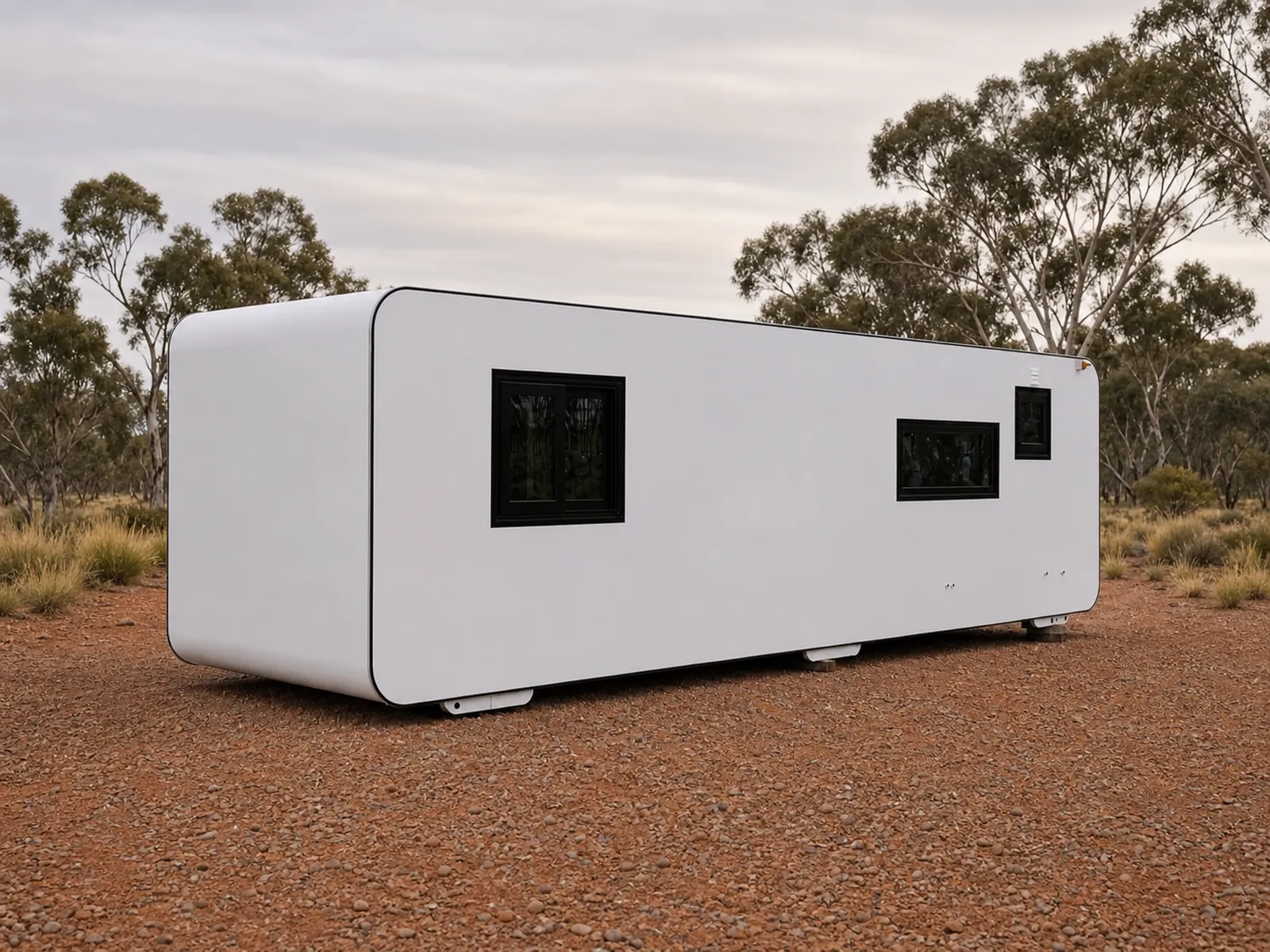 The designer pod from the blank side, a smooth white shell with two small windows, standing on levelling feet on red gravel