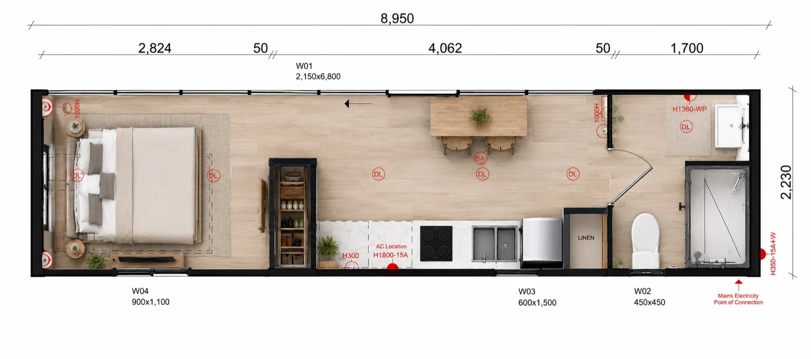 Dimensioned layout, 8,950 by 2,230 mm, double bed at the left end, dining and kitchen through the middle and the toilet and shower at the right end