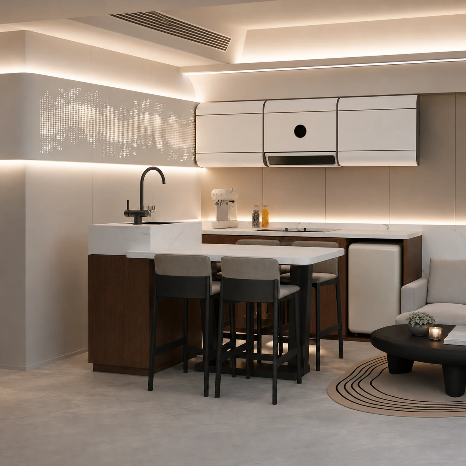 Kitchen and dining in the 9.5 m capsule, timber fronted island bench with three stools, black tapware and overhead cabinets