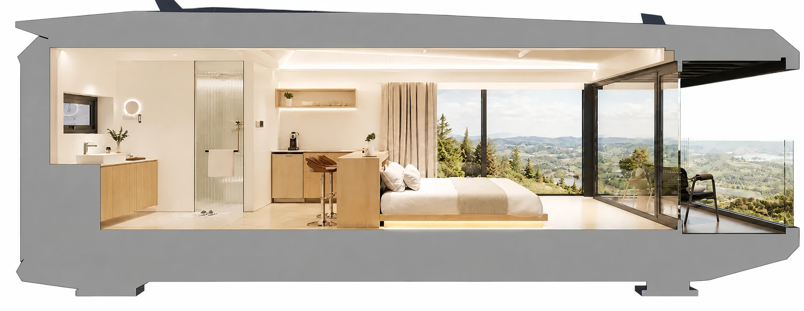 Cutaway of the 9.5 m capsule studio, shower and vanity at the left end, kitchen bench in the middle and a bed by the glazed end