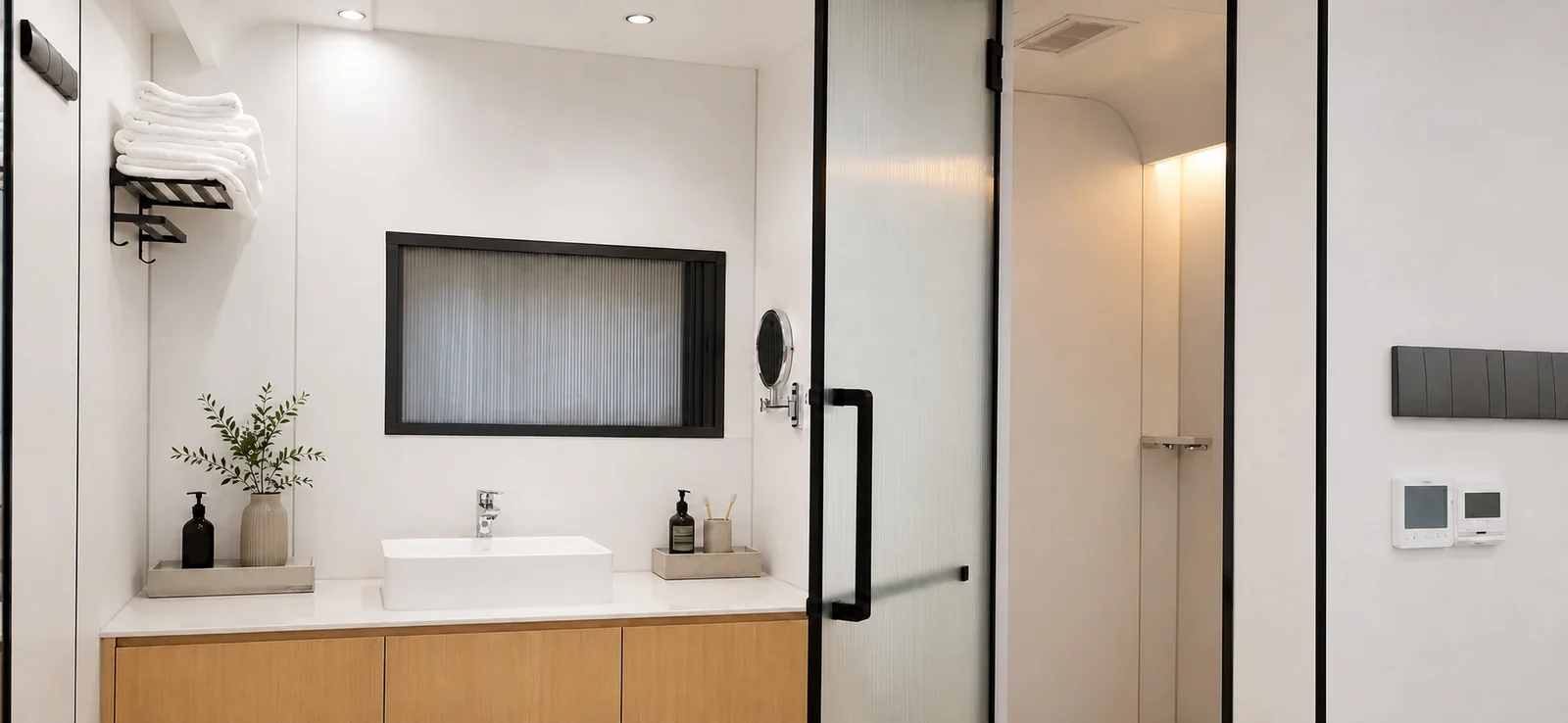 Vanity in the capsule studio, white basin on a timber cabinet under a framed mirror beside a black framed glass shower door