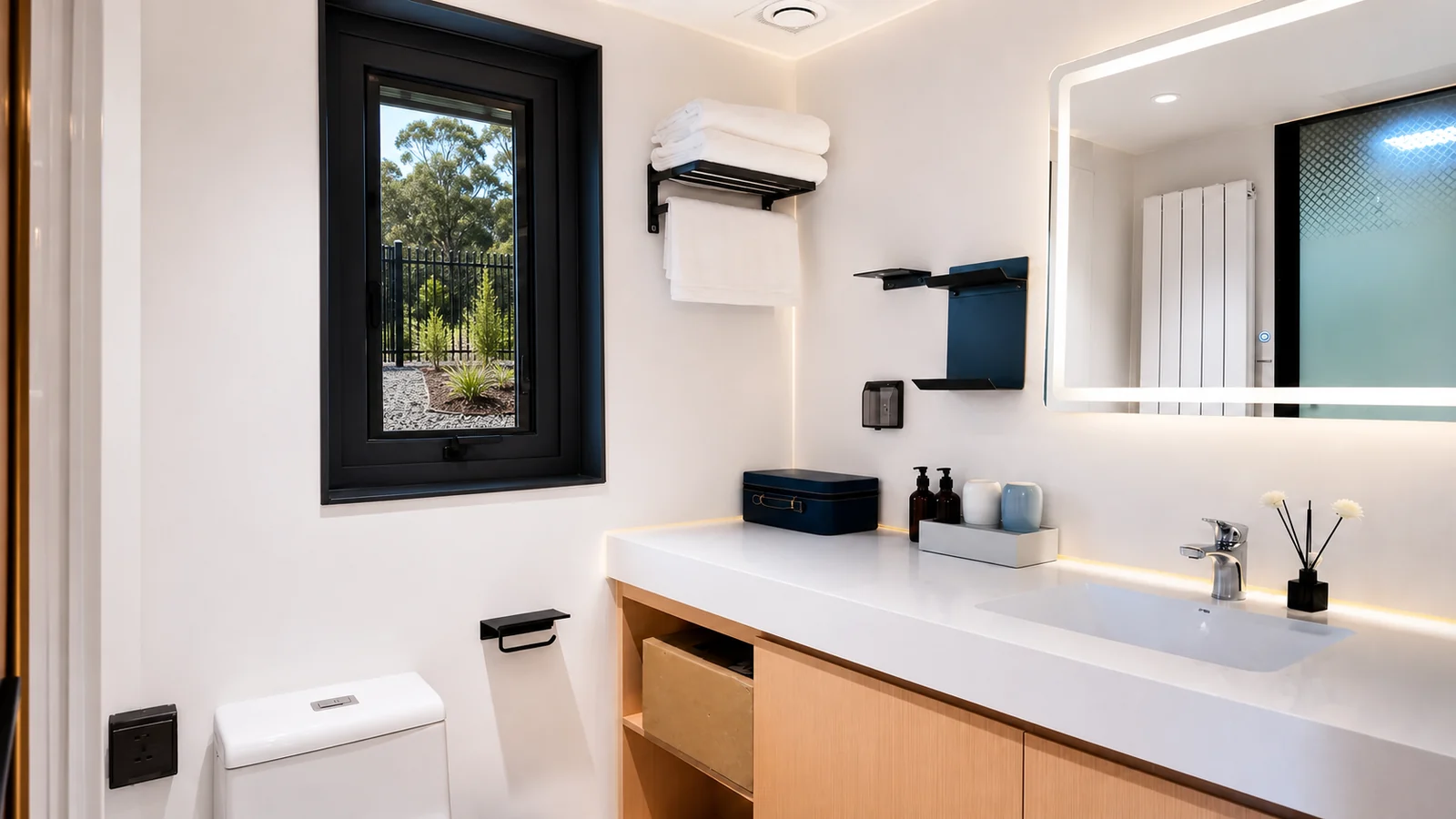 Bathroom in the timber clad capsule, long white basin on a timber vanity with a backlit mirror, a towel rail and a black framed window