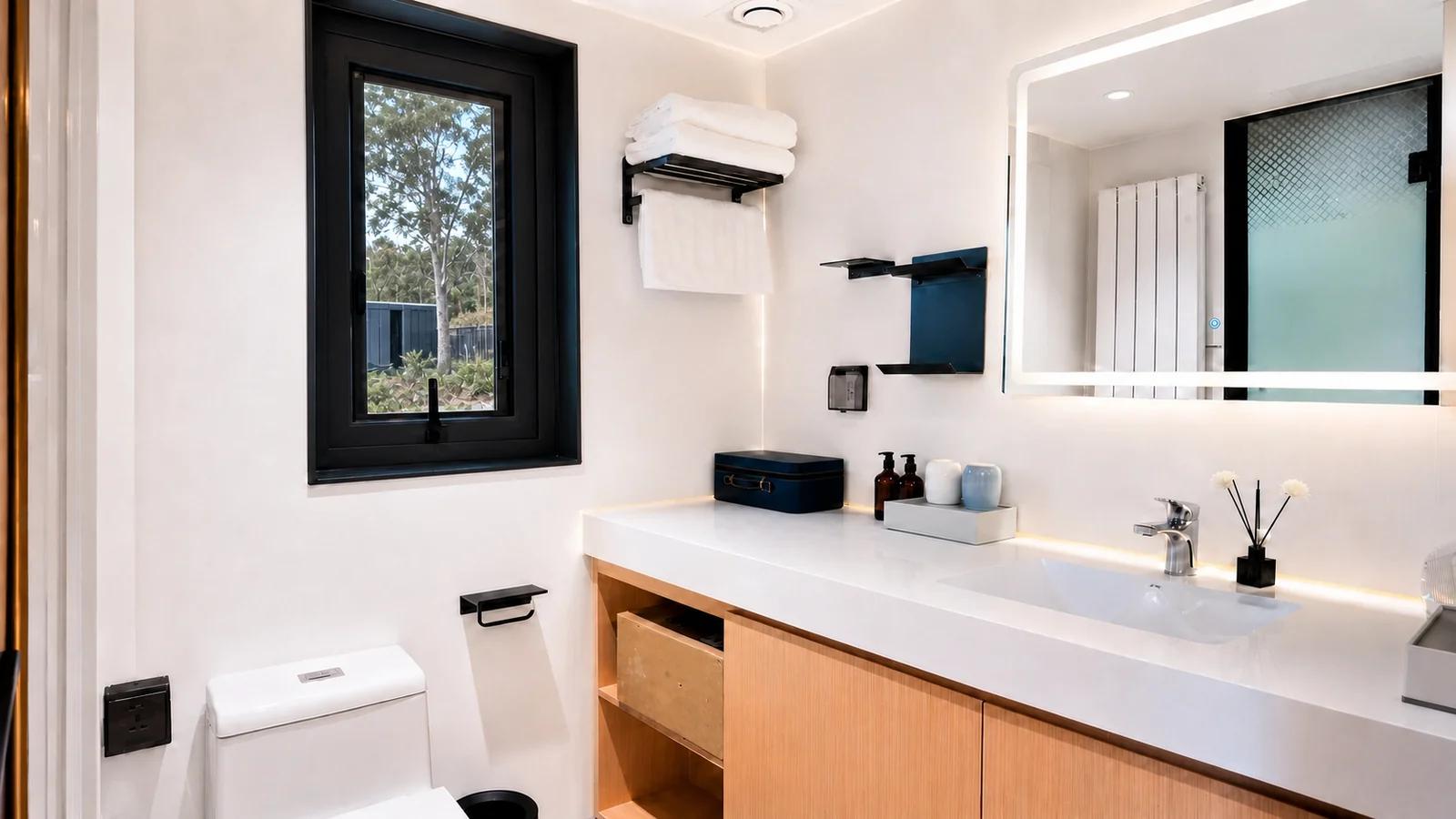 Bathroom in the 9.5 m timber clad capsule, timber vanity with a long basin and backlit mirror, towel rail and a black framed window