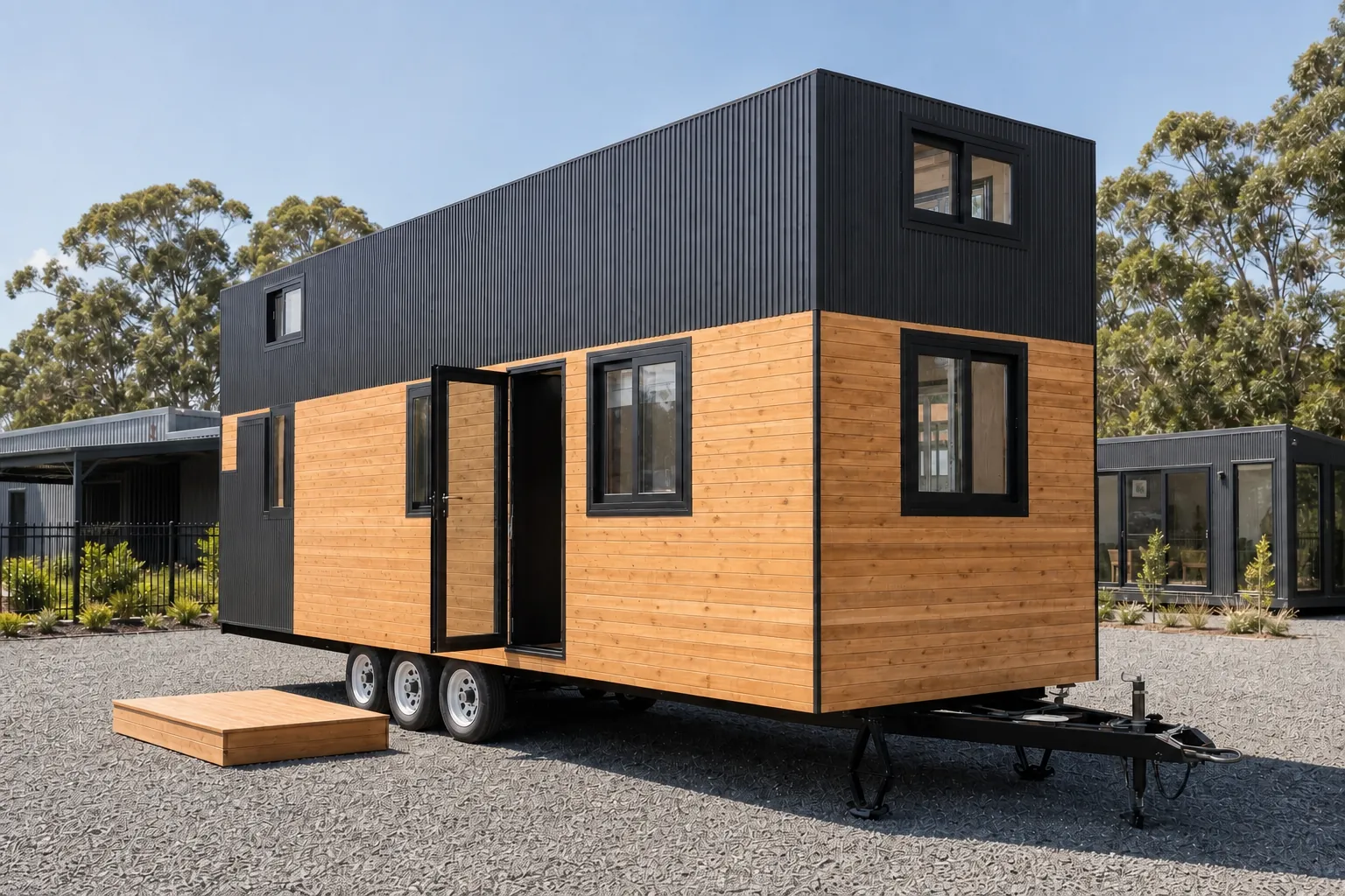 Two storey 11 m tiny home on wheels with timber cladding below and dark corrugated cladding above, on a triple axle trailer with a timber step at the open door