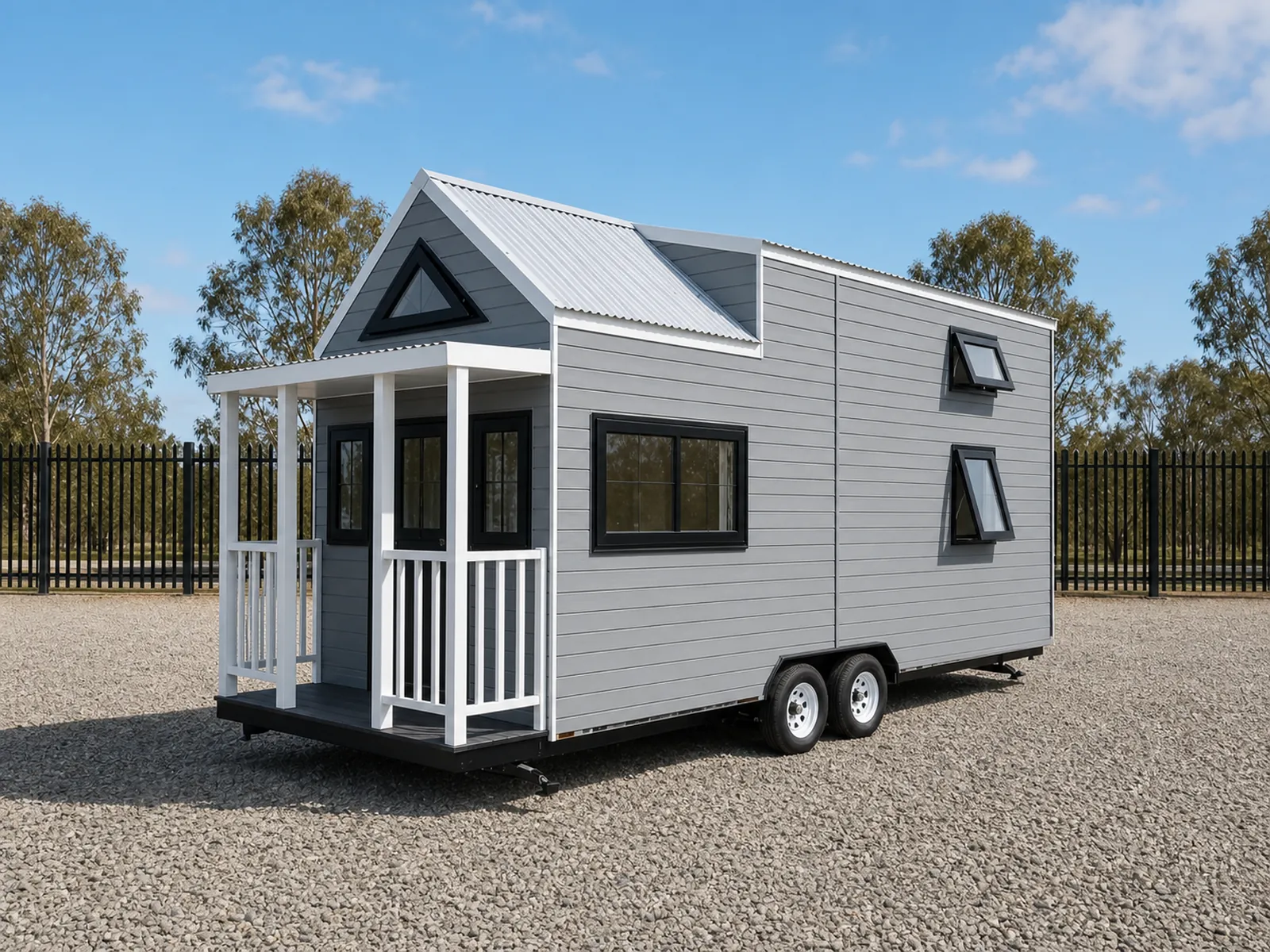 Grey weatherboard 7.4 m tiny home on wheels with a covered veranda and white balustrade under a pitched metal roof, on a twin axle trailer