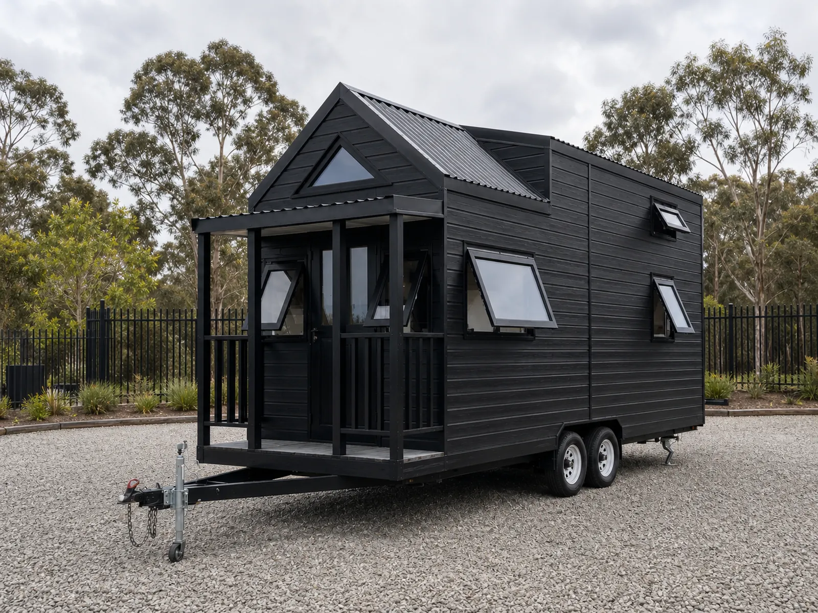 Black version of the veranda tiny home with a covered porch and posts, awning windows down the side, on a twin axle trailer with the drawbar to the left