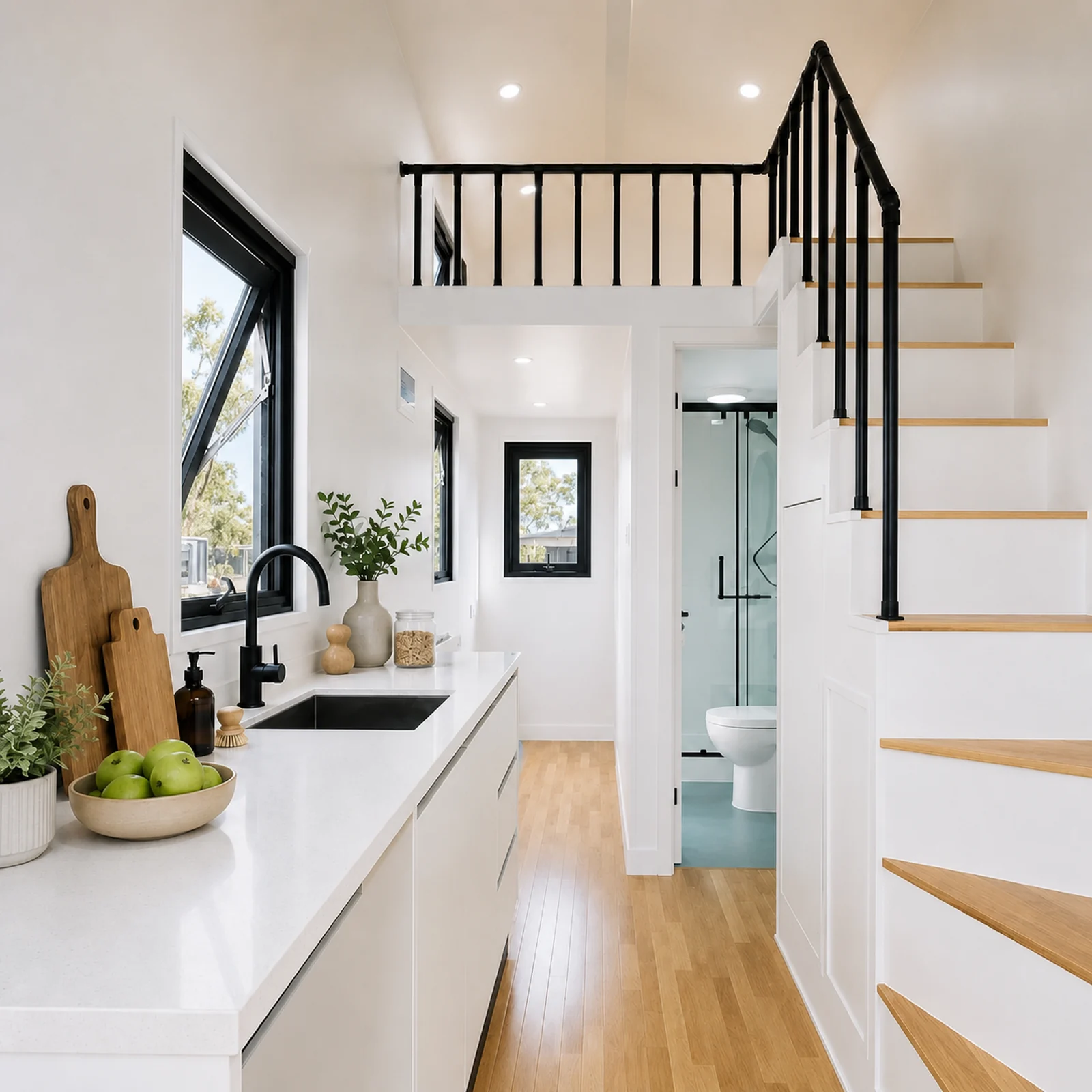 Inside the veranda tiny home, white kitchen run with a black mixer, the bathroom door ahead and an open tread timber stair to the loft