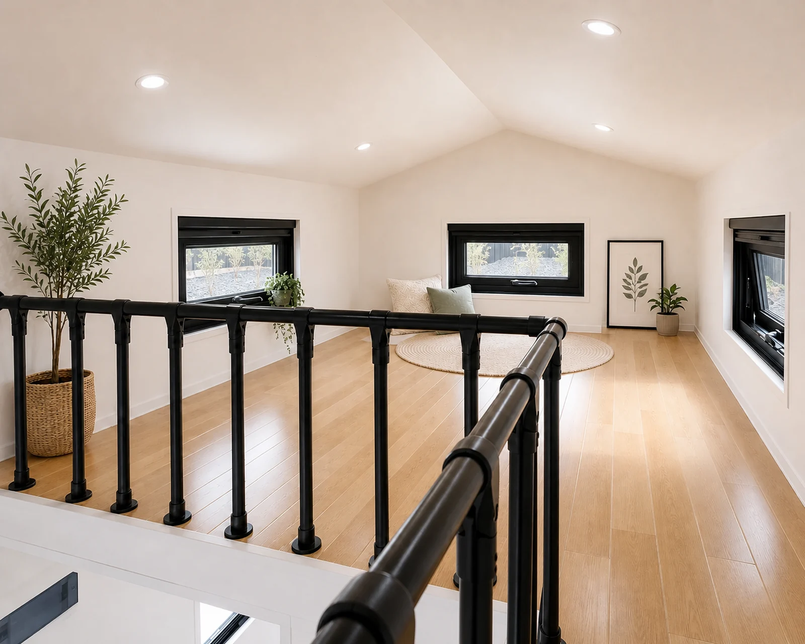 Sleeping loft in the veranda tiny home seen over the black stair rail, a bed under the raked ceiling with two windows and timber flooring