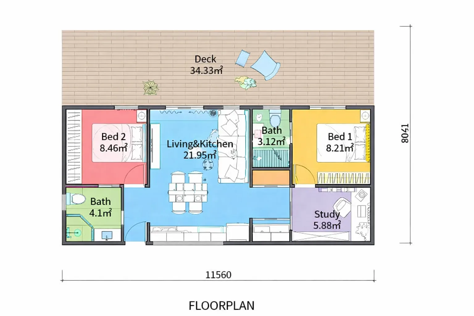 Layout 11,560 by 8,008 mm, two bedrooms either side of a 21.95 square metre living and kitchen, two bathrooms, a study and a 34.33 square metre deck