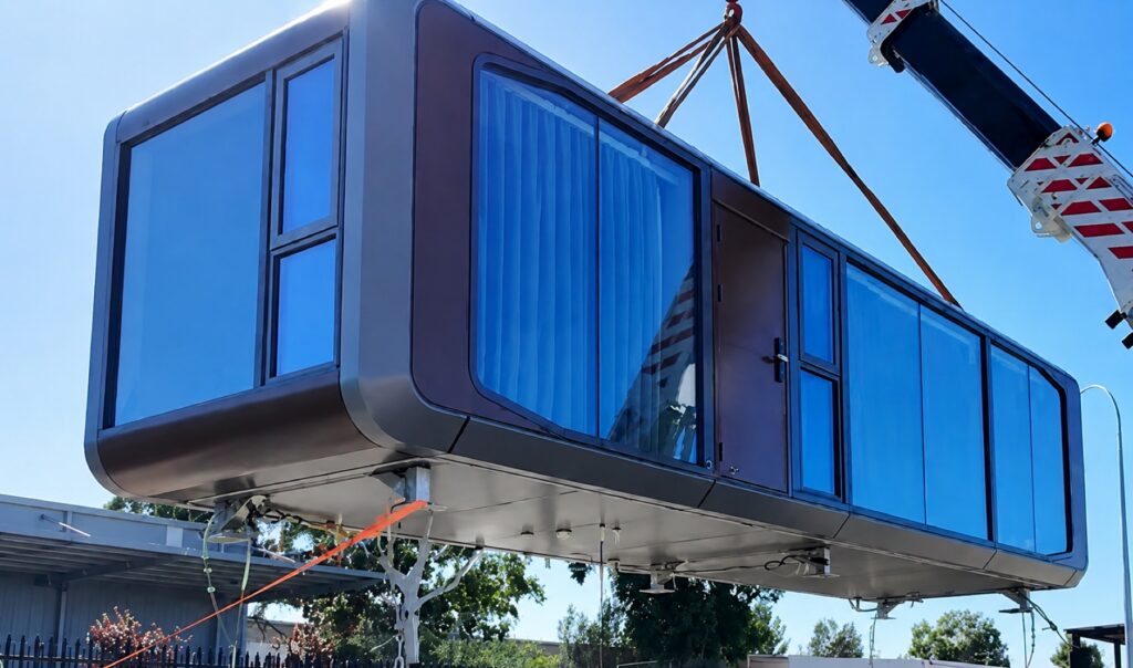 Capsule home lifted by crane against a clear sky, slung on four straps with its glazing curtained