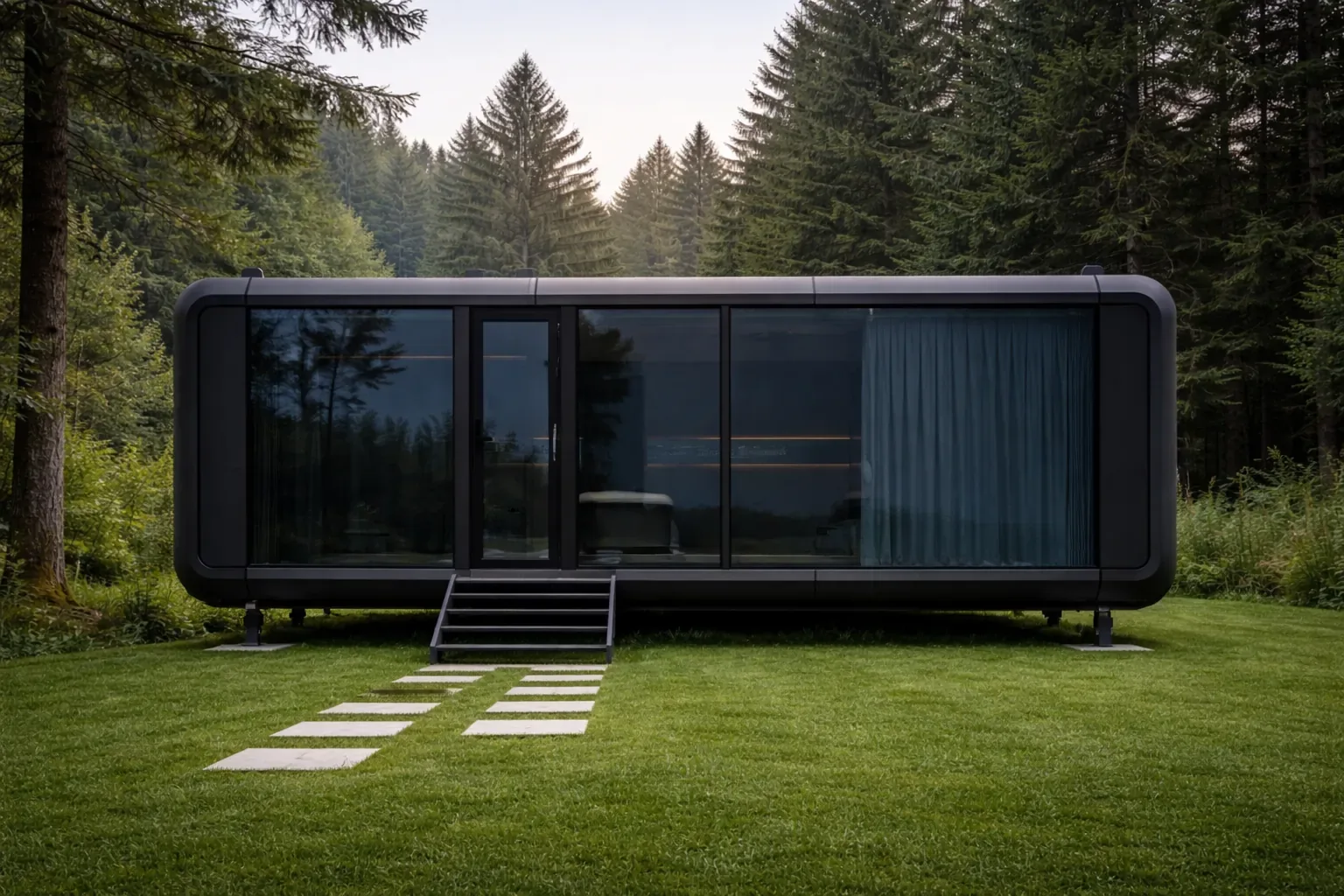 Black capsule tiny home with rounded corners and a full height glazed wall, set on lawn with stepping stones leading to the steps and pine forest behind